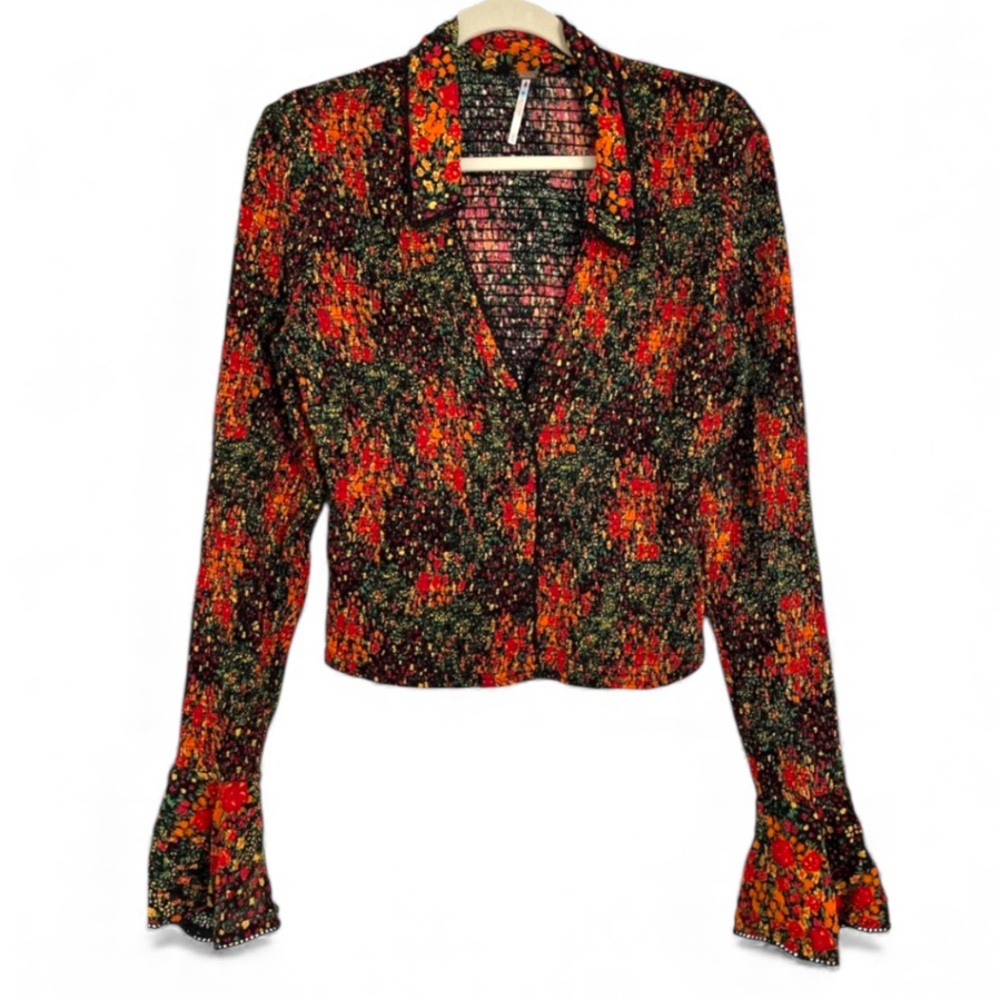 Free People Multicolor Smocked Blouse Stretch W/ Ruffled Sleeves Sz Medium Black